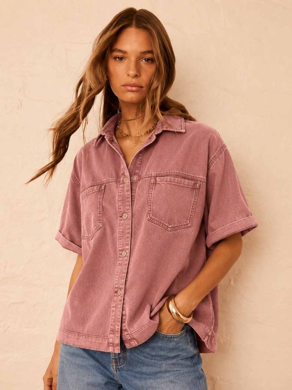 Jane & Delaney Washed Ash Pink Short-Sleeve Button-Down Soft Jean Shirt Blouse
